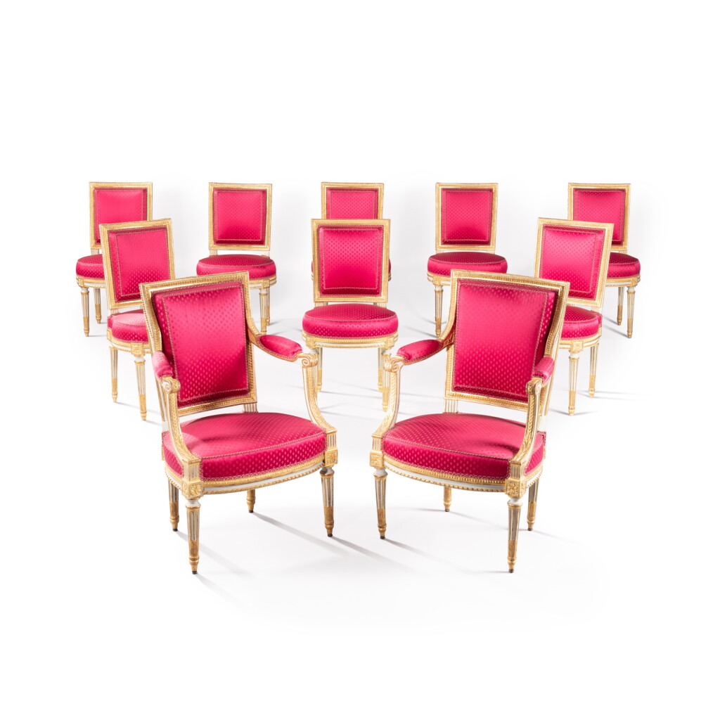 View full screen - View 1 of Lot 386. A set of six Louis XVI giltwood chairs and a pair of armchairs, circa 1780, some stamped by Georges Jacob, with two chairs Louis XVI style | Ensemble de six chaises et une paire de fauteuils en bois rechampi or d'époque Louis XVI, vers 1780, certaines estampillées Georges Jacob, avec deux chaises de style Louis XVI.