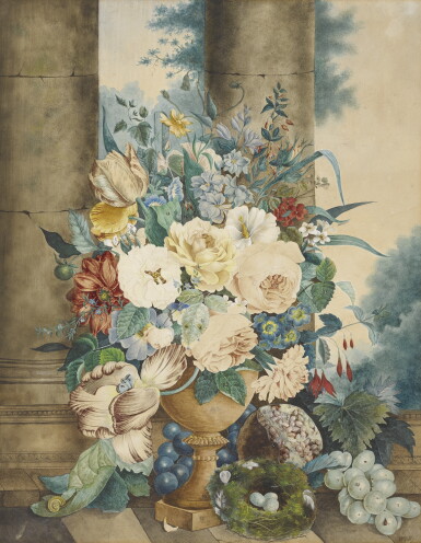 View full screen - View 1 of Lot 743. Dutch School, early 19th century | FLOWERS IN AN URN BESIDE FRUIT AND INSECTS.