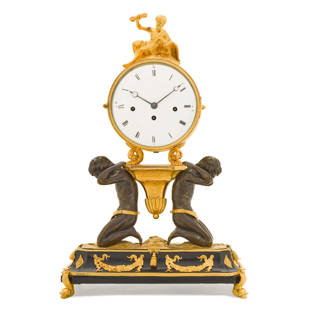 View full screen - View 1 of Lot 121. An Austrian gilt and patinated bronze quarter striking table clock, circa 1820, movement and case associated.
