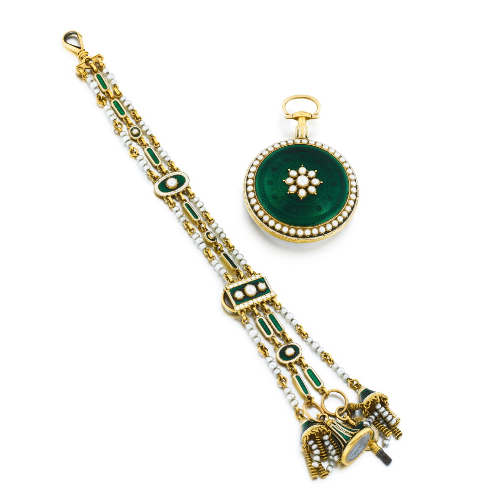 View full screen - View 1 of Lot 1102. A fine and rare gold, enamel and pearl-set chatelaine watch, circa 1790.