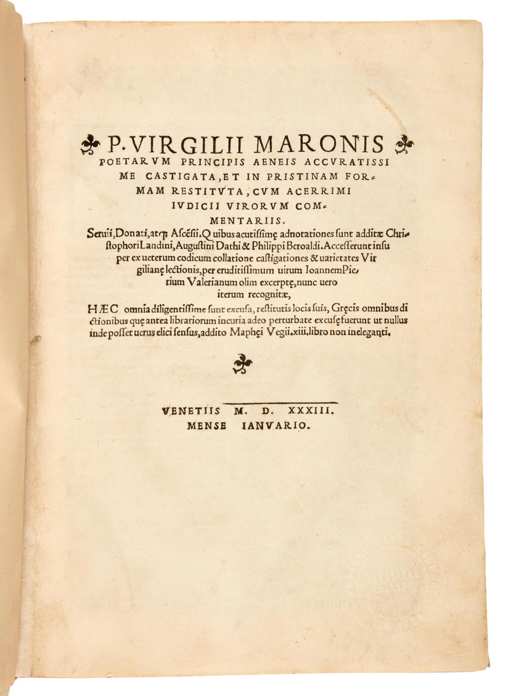 View full screen - View 1 of Lot 319. Vergil, Opera accuratissime castigata et in pristinam formam restituta, Venice, 1533, modern limp vellum.