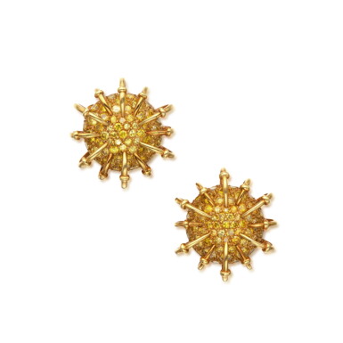 View full screen - View 1 of Lot 433. A Rare Pair of Gold and Colored Diamond 'Apollo' Earclips | Schlumberger for Tiffany & Co.| 黃金配彩色鑽石 '阿波羅'耳環一對.