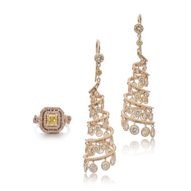 View full screen - View 1 of Lot 1608. Coloured Diamond and Diamond Ring and Pair of Earrings | 彩色鑽石 配 鑽石 戒指 及 耳環一對.