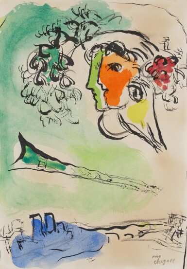 View full screen - View 1 of Lot 626. Esquisse pour l'affiche "Le ciel Bleu" ou Profils vert et orange.
