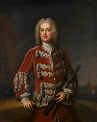 View full screen - View 1 of Lot 164. A portrait of Captain William Hervey (1699–1776), three-quarter length, holding a telescope, with a British ship in the distance.
