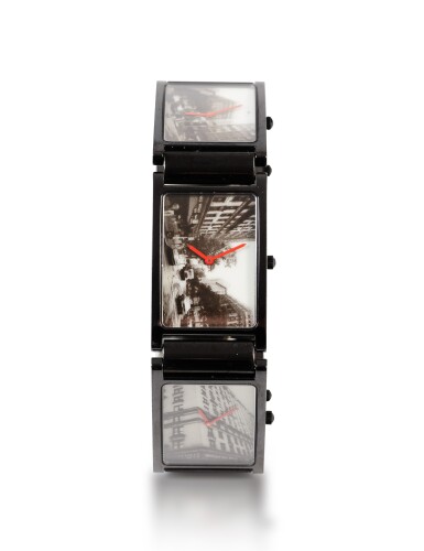 View full screen - View 1 of Lot 25. Andy Warhol Times 5 Montre bracelet édition limitée en acier noirci avec 5 fuseaux horaires | Blackened stainless steel bracelet watch with 5 time zones Vers 1988 | Circa 1988.