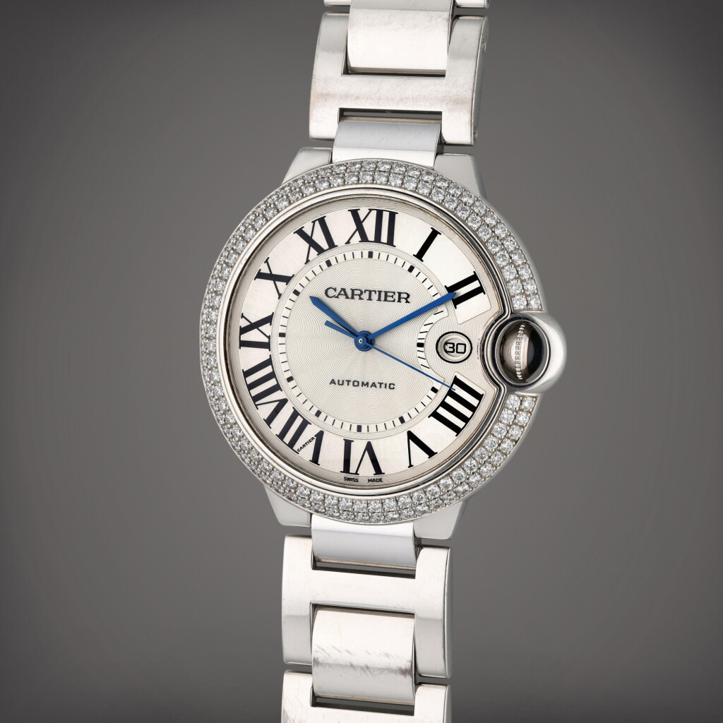 View full screen - View 1 of Lot 409. Reference 3000 Ballon Bleu | A white gold and diamond-set automatic wristwatch with date and bracelet, Circa 2010 .