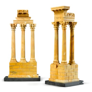 View full screen - View 1 of Lot 41. A pair of Italian carved giallo antico models of the Temples of Castor and Pollux and of Vespasian, 19th century.