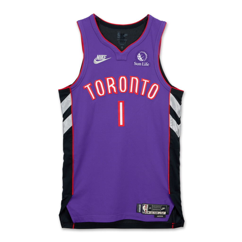 View full screen - View 1 of Lot 125. Gradey Dick Toronto Raptors 2024-2025 Kia NBA Tip-Off Game Worn Classic Edition Jersey.