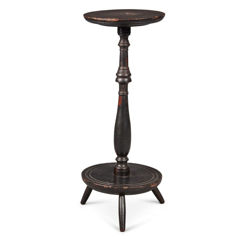 View full screen - View 1 of Lot 500. Fine William and Mary Black Painted Cherrywood Candlestand, Sellersville, Pennsylvania, Circa 1790.