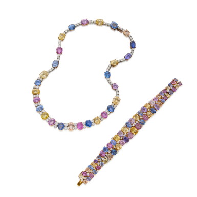 View full screen - View 1 of Lot 164. Multi-Colored Sapphire and Diamond Necklace and Bracelet.