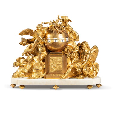 View full screen - View 1 of Lot 753. A Louis XVI-style gilt-bronze and white marble mantel clock, 19th century, the movement unsigned, the model after Augustine Pajou.