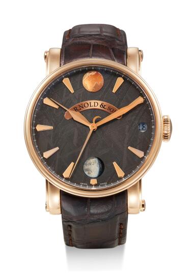 View full screen - View 1 of Lot 8042. ARNOLD & SON | TRUE MOON METEORITE, REFERENCE 1TMAP.S04A.C60B, A PINK GOLD WRISTWATCH WITH DATE, MOON PHASES AND METEORITE DIAL, CIRCA 2017.