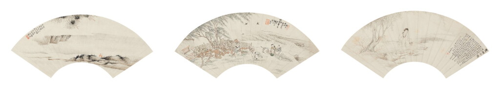 View full screen - View 1 of Lot 632. Zhong Jun; Wei Zijun; Guo Tianmin Fan leaves | 鍾峻;郭天民;韋子鈞 雜寫三幅 設色紙本 扇面三幅 鏡框.