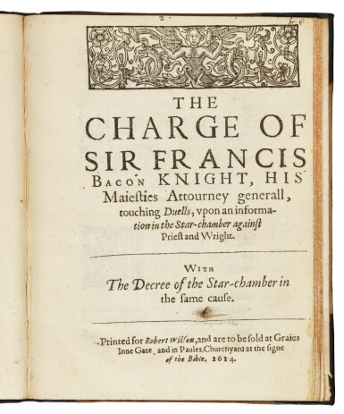 View full screen - View 1 of Lot 129. Duels - Selden, The Duello, 1610; Bacon, The charge of Sir Francis Bacon, 1614, 2 vol. in one.