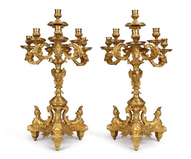 View full screen - View 1 of Lot 283. A PAIR OF FRENCH LOUIS XIV STYLE GILT BRONZE SEVEN-LIGHT CANDELABRA AFTER THE MODEL BY ANDRE-CHARLES BOULLE, SECOND HALF 19TH CENTURY.