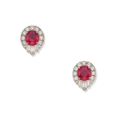 View full screen - View 1 of Lot 416. Pair of Ruby and Diamond Earclips | 紅寶石配鑽石耳環一對.