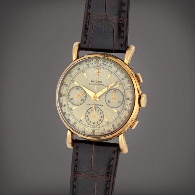 View full screen - View 1 of Lot 62. Reference 9162 | A yellow gold chronograph wristwatch with bracelet | Circa 1941.