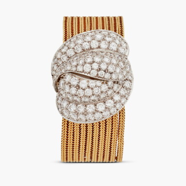 View full screen - View 1 of Lot 372. Retailed by Ruser Jewels: A yellow gold and diamond-set concealed dial bracelet watch, Gifted by Red Skelton to personal assistant Genevieve Zaharakos, Circa 1960.