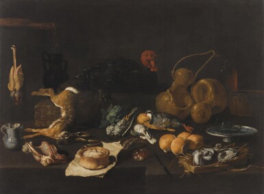 View full screen - View 1 of Lot 174. Still life with a turkey, hare and other animals alongside cheeses, cured meats, a pie and kitchen utensils in an interior.