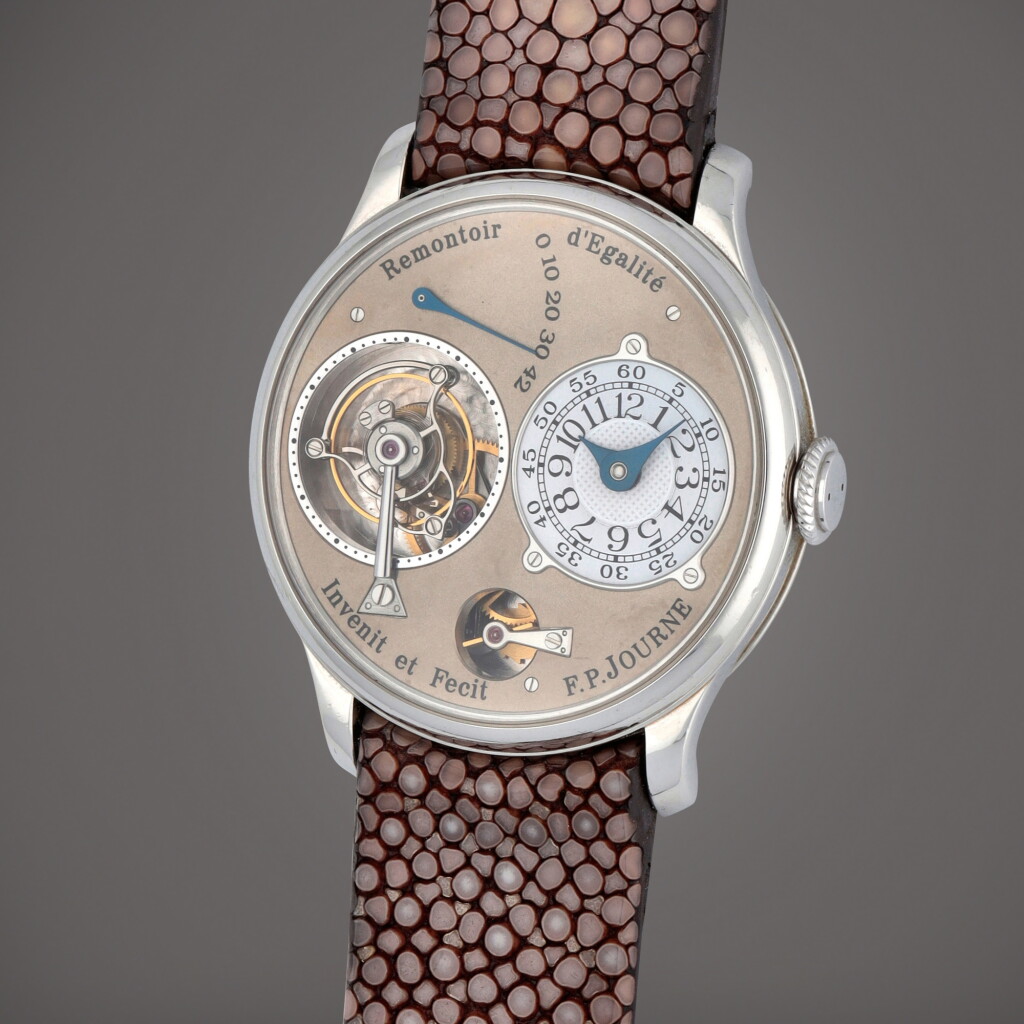 View full screen - View 1 of Lot 65. Tourbillon Souverain | A platinum tourbillon wristwatch with constant force remontoire, power reserve indication and brass movement | Circa 2003 .