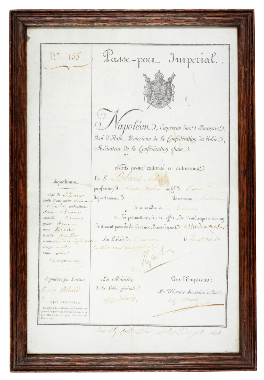 View full screen - View 1 of Lot 83. Napoleon I | document signed, passport for Robert Bland, 1811.