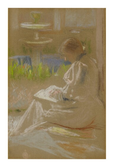 View full screen - View 1 of Lot 18. ALBERT STERNER | WOMAN READING BY A FOUNTAIN.