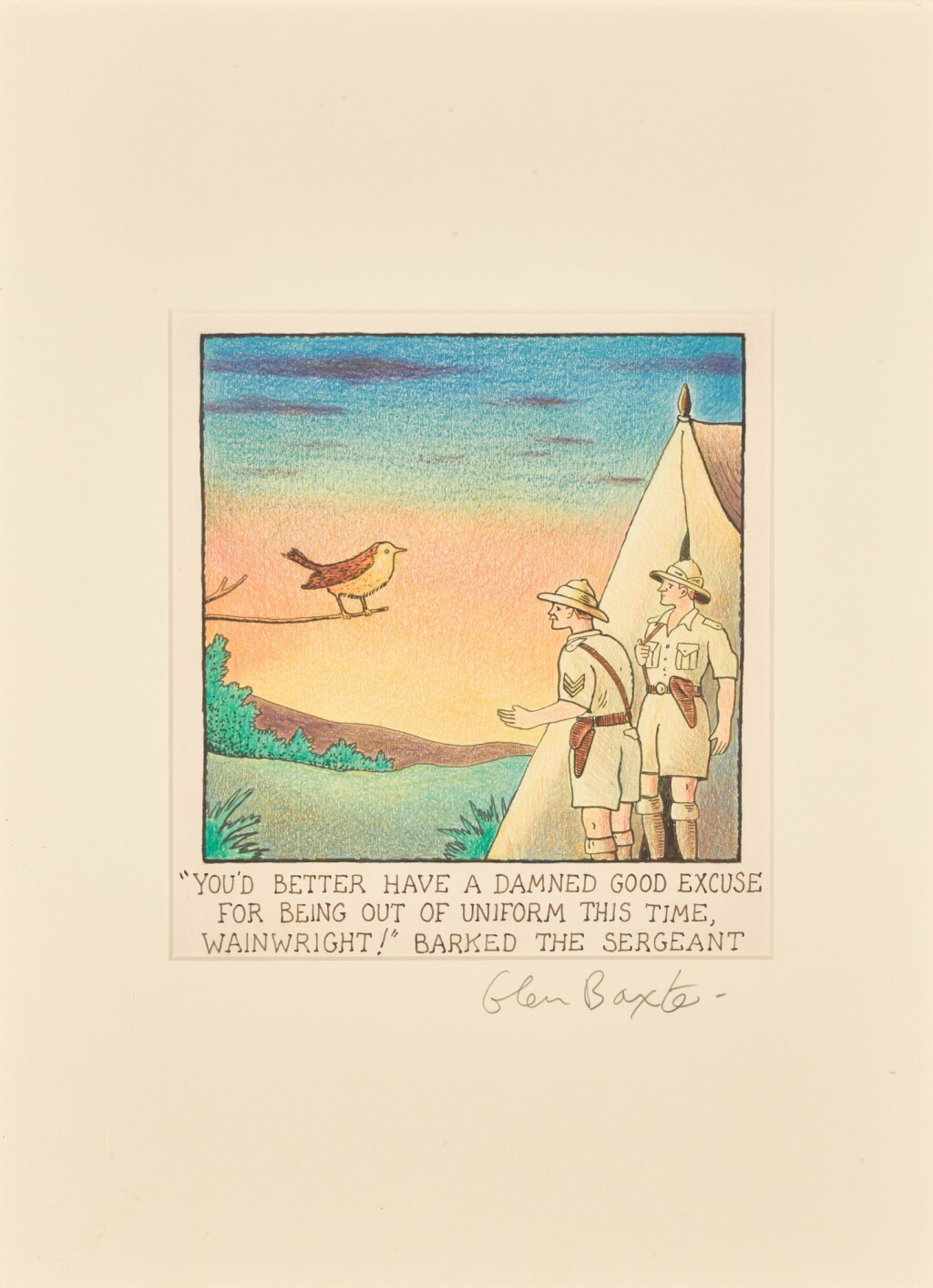 View full screen - View 1 of Lot 13. Glen Baxter | "You'd better have a damned good excuse...", original illustration, signed and dated by the artist.