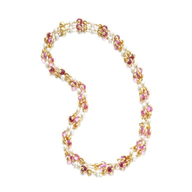 View full screen - View 1 of Lot 708. Gold and gem set long chain, ‘Cardan Perle’, circa 1988.