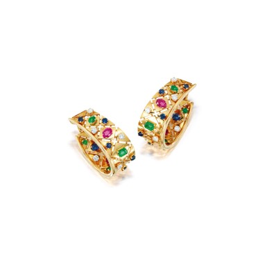 View full screen - View 1 of Lot 1647. CARTIER | 'LIBERTY' PAIR OF GEM SET AND DIAMOND EARRINGS 卡地亞 | 'Liberty' 寶石 配 鑽石 耳環一對.