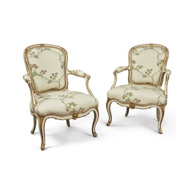 View full screen - View 1 of Lot 118. A PAIR OF LOUIS XV PARCEL GILT WHITE-PAINTED LOUIS FAUTEUILS BY TILLIARD, MID-18TH CENTURY.