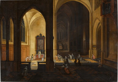View full screen - View 1 of Lot 345. The interior of a gothic church by night, with a priest conducting a service in a side chapel.