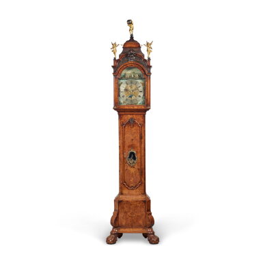 View full screen - View 1 of Lot 207. A Dutch Rococo Walnut, Burr Walnut Inlaid and Carved Longcase Clock with Ships Automaton, By Henricus van Vlijmen, Circa 1760.