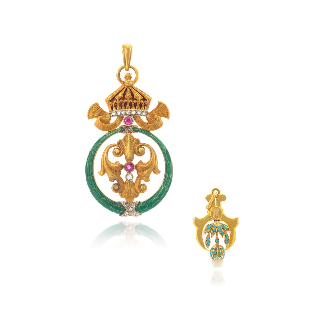 View full screen - View 1 of Lot 1054. Ruby, enamel and diamond presentation pendant and a pendant, circa 1903.