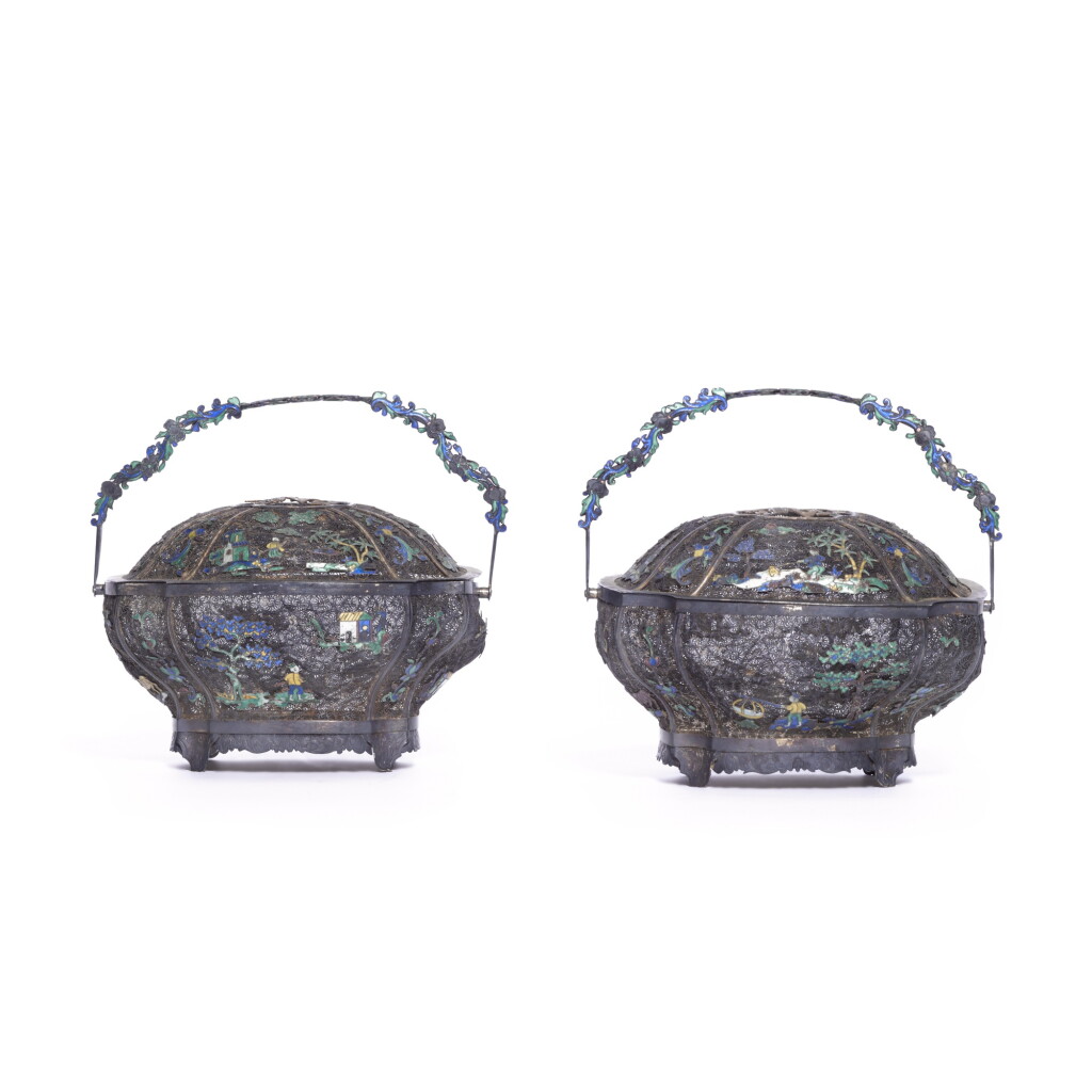 View full screen - View 1 of Lot 76. A pair of Chinese Export silver filigree baskets, late 18th/early 19th century.