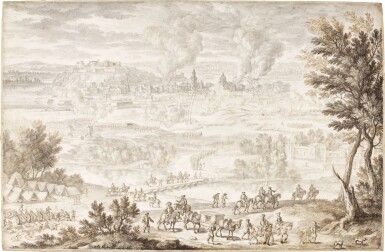 View full screen - View 1 of Lot 51. Panoramic landscape with a fortified city under siege.