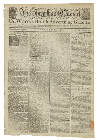 View full screen - View 1 of Lot 61. (LEXINGTON AND CONCORD) | Lexington and Concord reported in an English newspaper, The Shrewsbury Chronicle or, Wood's British Advertising Gazette. Vol. IV, No. 126. Shrewsbury: Printed by T. Wood, Saturday, June 3, 1775.