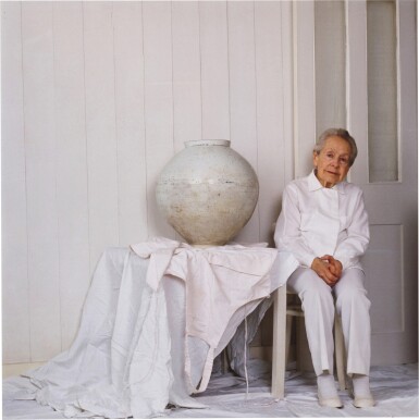 View full screen - View 1 of Lot 62. Dame Lucie Rie Sat Beside the Korean Pot, 1988.