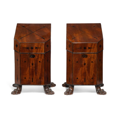 View full screen - View 1 of Lot 476. A Pair of Regency Ebony-Inlaid Mahogany Knife Boxes, Circa 1810.