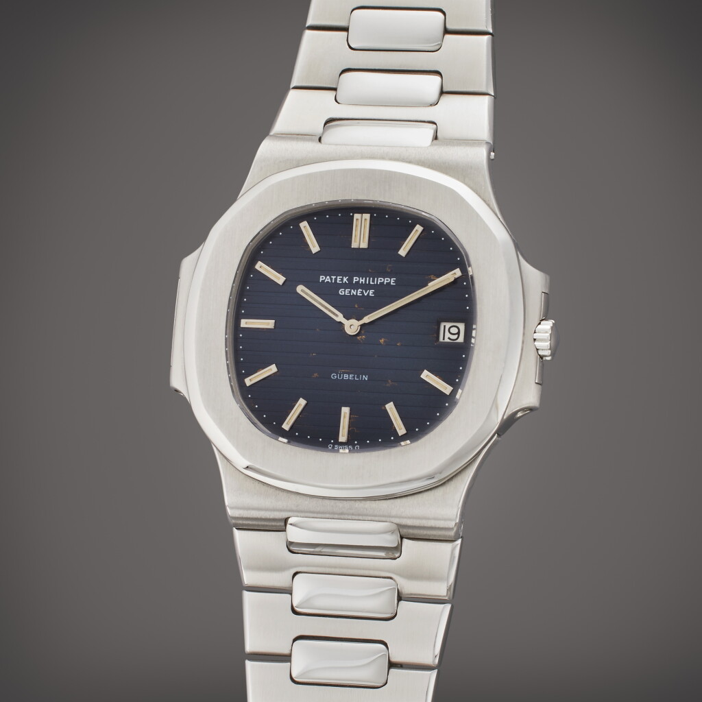 View full screen - View 1 of Lot 185. Reference 3700/001 Nautilus | Retailed by Gübelin: A stainless steel automatic wristwatch with date and bracelet, Circa 1980.