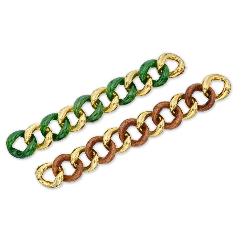 View full screen - View 1 of Lot 228. A Gold and Nephrite Bracelet and A Gold and Wood Bracelet.