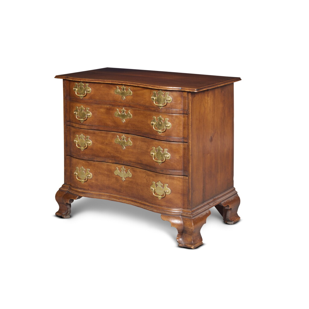 View full screen - View 1 of Lot 140. A Chippendale Block-End Reverse Serpentine Chest of Drawers, Boston, Massachusetts, possibly by James Minott (1767-after 1790), circa 1785.