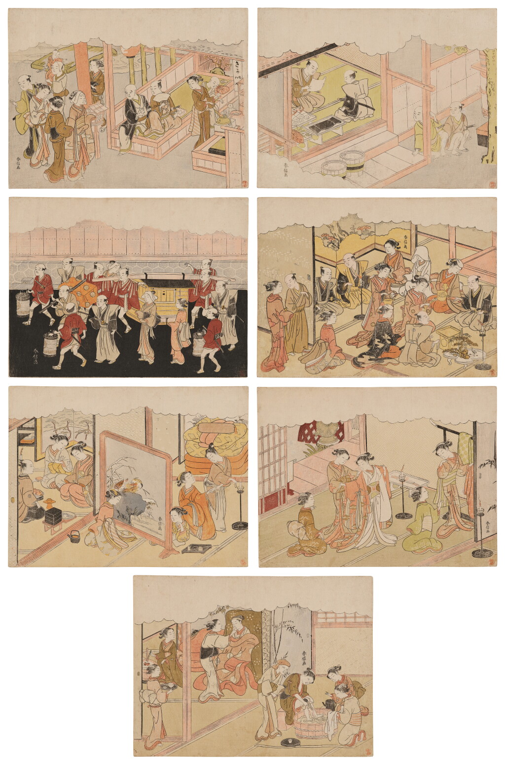 View full screen - View 1 of Lot 523. Suzuki Harunobu (1725-1770) | The complete set of Marriage in Brocade Prints, the Carriage of the Virtuous Woman (Konrei nishiki misao-guruma), known as the Marriage series | Edo period, 18th century.