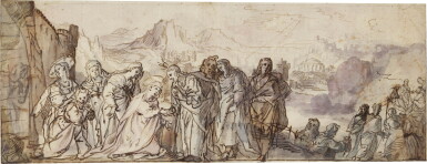 View full screen - View 1 of Lot 141. Christ Blessing a Kneeling Female Saint, with many onlookers.