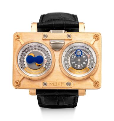 View full screen - View 1 of Lot 8008. MB&F | HOROLOGICAL MACHINE N°2, REFERENCE 20.DRRT | A LIMITED EDITION PINK GOLD AND TITANIUM JUMPING HOUR WRISTWATCH WITH RETROGRADE DATE AND MOON PHASES, CIRCA 2009 | Horological Machine N°2 型號20.DRRT 限量版粉紅金及鈦金屬跳時腕錶,備逆跳日期及月相顯示,約2009年製.