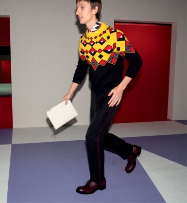 View full screen - View 1 of Lot 51. PRADA | ARGYLE WOOL SWEATER, POPLIN SHIRT, TIE WORN BY MAX TOWNSEND.