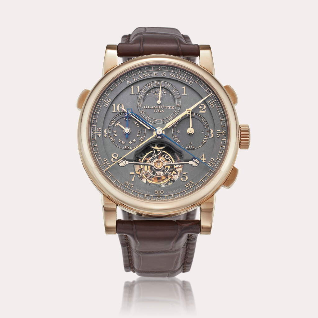 View full screen - View 1 of Lot 105. Reference 706.050FE Tourbograph Perpetual 'Pour le Mérite Homage to F. A. Lange' Honeygold | A limited edition honey gold perpetual calendar tourbillon split-seconds chronograph wristwatch with fusée-and-chain transmission and moon phases, Circa 2020.