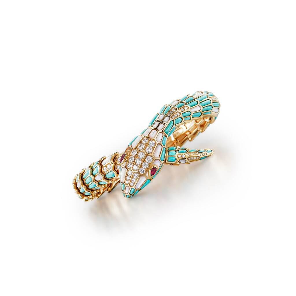 View full screen - View 1 of Lot 1802. 'Serpenti Misteriosi' Turquoise, Mother-of-Pearl, Diamond and Rubellite Bracelet-Watch | 寶格麗 | 'Serpenti Misteriosi ' 綠松石 及 貝母 配 鑽石 及 紅碧璽 腕錶.