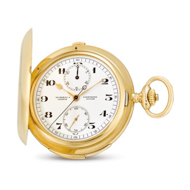 View full screen - View 1 of Lot 2279. VACHERON CONSTANTIN | A YELLOW GOLD MINUTE REPEATING HUNTING CASE CHRONOGRAPH WATCH WITH ENAMEL DIAL, CIRCA 1915 | 江詩丹頓 | 黃金三問計時懷錶,備琺瑯錶盤,機芯編號396930,錶殼編號248018,約1915年製.