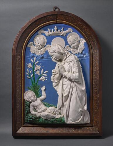 View full screen - View 1 of Lot 43. WORKSHOP OF ANDREA DELLA ROBBIA (1435-1525), ITALIAN, FLORENCE, LATE 15TH/ EARLY 16TH CENTURY | MADONNA ADORING THE INFANT CHRIST.